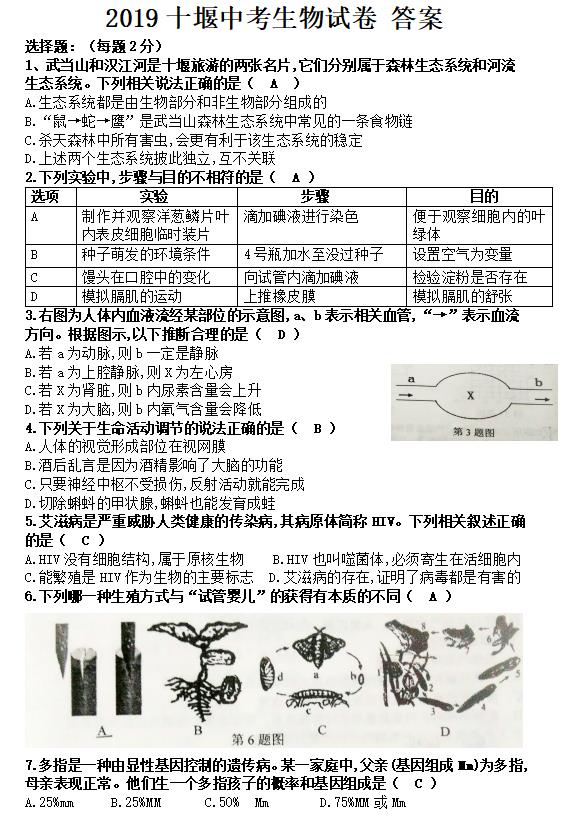 【2019年十堰中考时间】2019年湖北十堰中考生物答案（已公布）