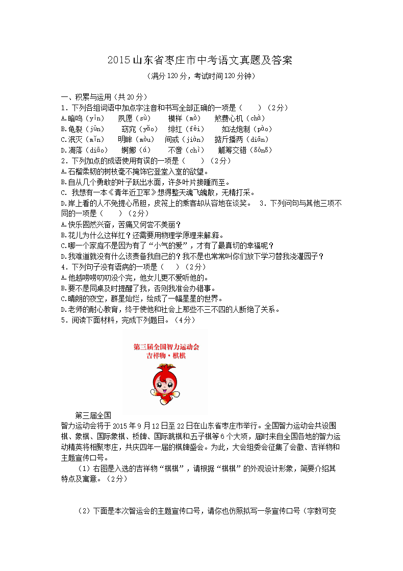 2015ɽ��ʡ��ׯ���п��������⼰��