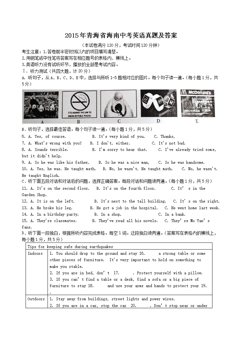 2015���ຣʡ�����п�Ӣ�����⼰��