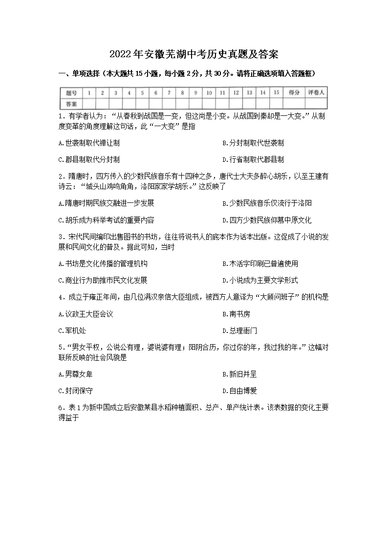 2022�갲���ߺ��п���ʷ���⼰��(Word��)
