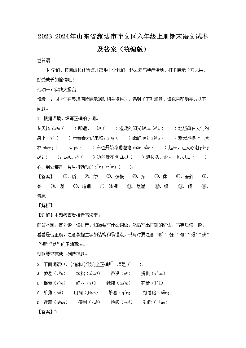 2023-2024ɽʡΫп꼶ϲĩԾ(ͳ)(Word)