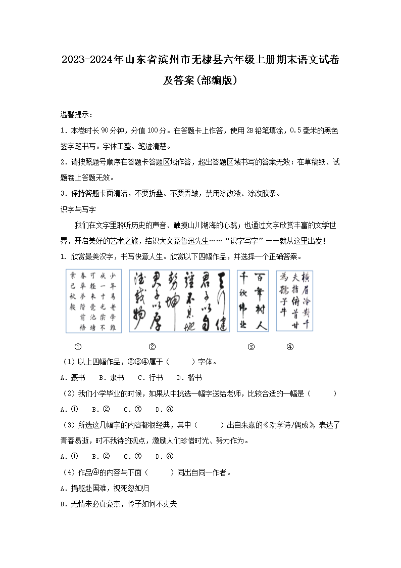 2023-2024��ɽ��ʡ��������������꼶�ϲ���ĩ�����Ծ�����(�����)(Word��)